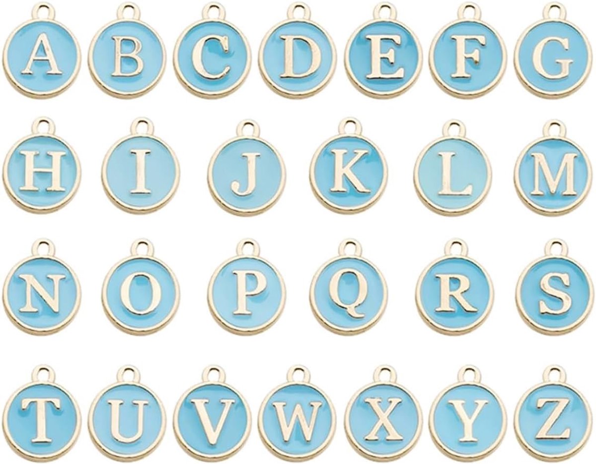 26 stuks ABC letterkralen mini alfabet A-Z legering armband halsketting hanger voor doe-het-zelf sieraden maken, letter bedels (blauw)