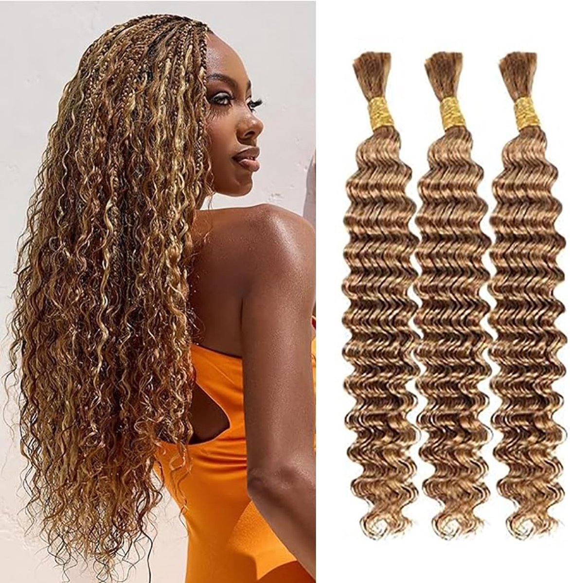 Wave Human Braiding Hair for Boho Braids #27 Blonde Color Human Hair Extensions No Weft Weave 50g/Piece for Women Low Shedding 16 16 16 Inch