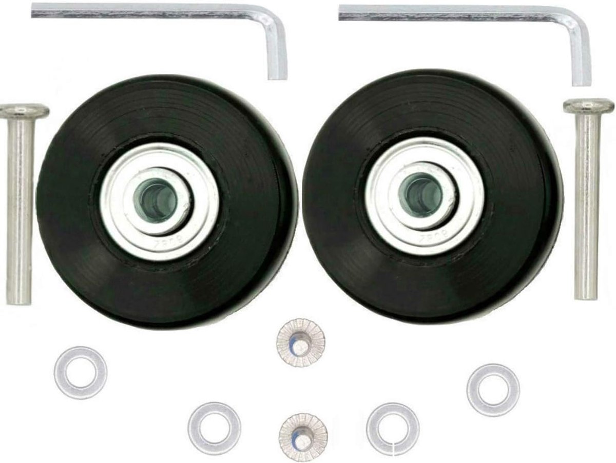 1 Reservewielen, bagage, 24 paar, 50 x 18 mm met lagers van 6 mm, assen van 36 mm, moersleutels, reparatieset voor koffers