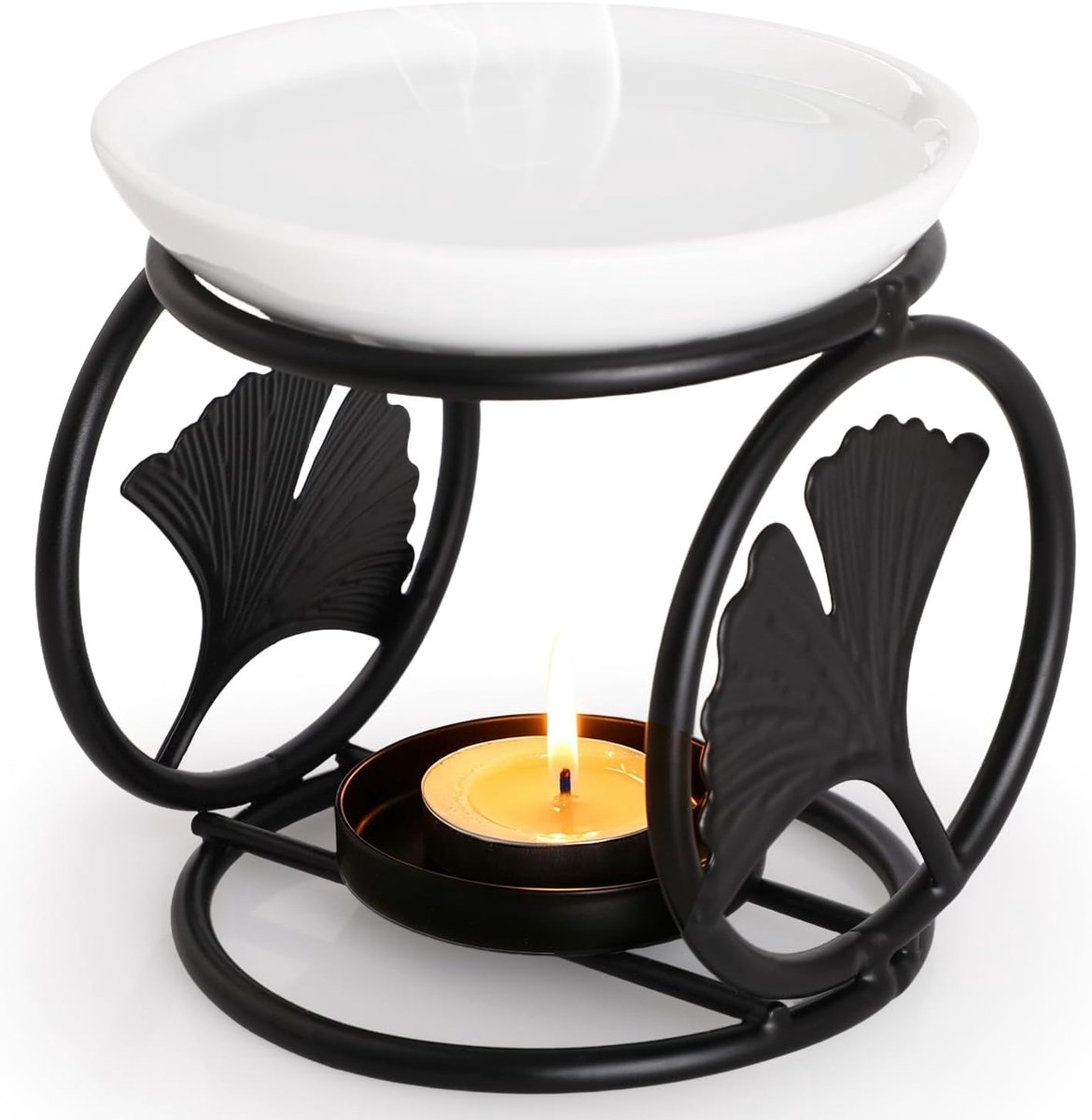 Geurooliebrander van metaal, aromatherapie-olieverwarmer met keramische schaal, duurzame geurolie-diffuser voor thuis, spa, yoga, meditatie en ontspanning, ginkgobladeren, zwart