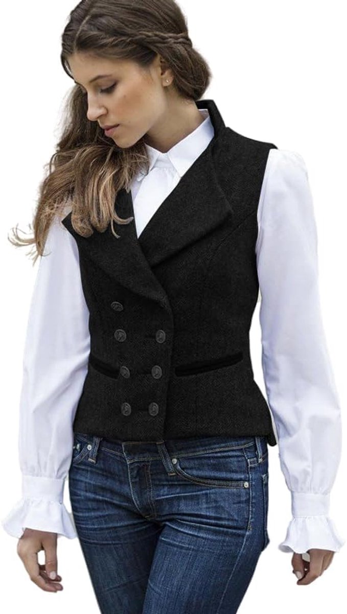 Dames Jaren 50 Vintage Colbertvest Werkvest van Tweed Slim Fit Vest V-Hals Vest Twee Rijen Knopen Jas met Zakken Mouwloze Blazer Jassen