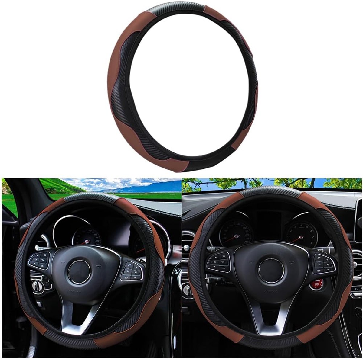 Universele stuurhoes voor auto, antislip, ademend, duurzaam stuurhoes, microvezel leer, diameter 37-38 cm, stiksels, stretchkleur, stuurbeschermer (koffiebruin)