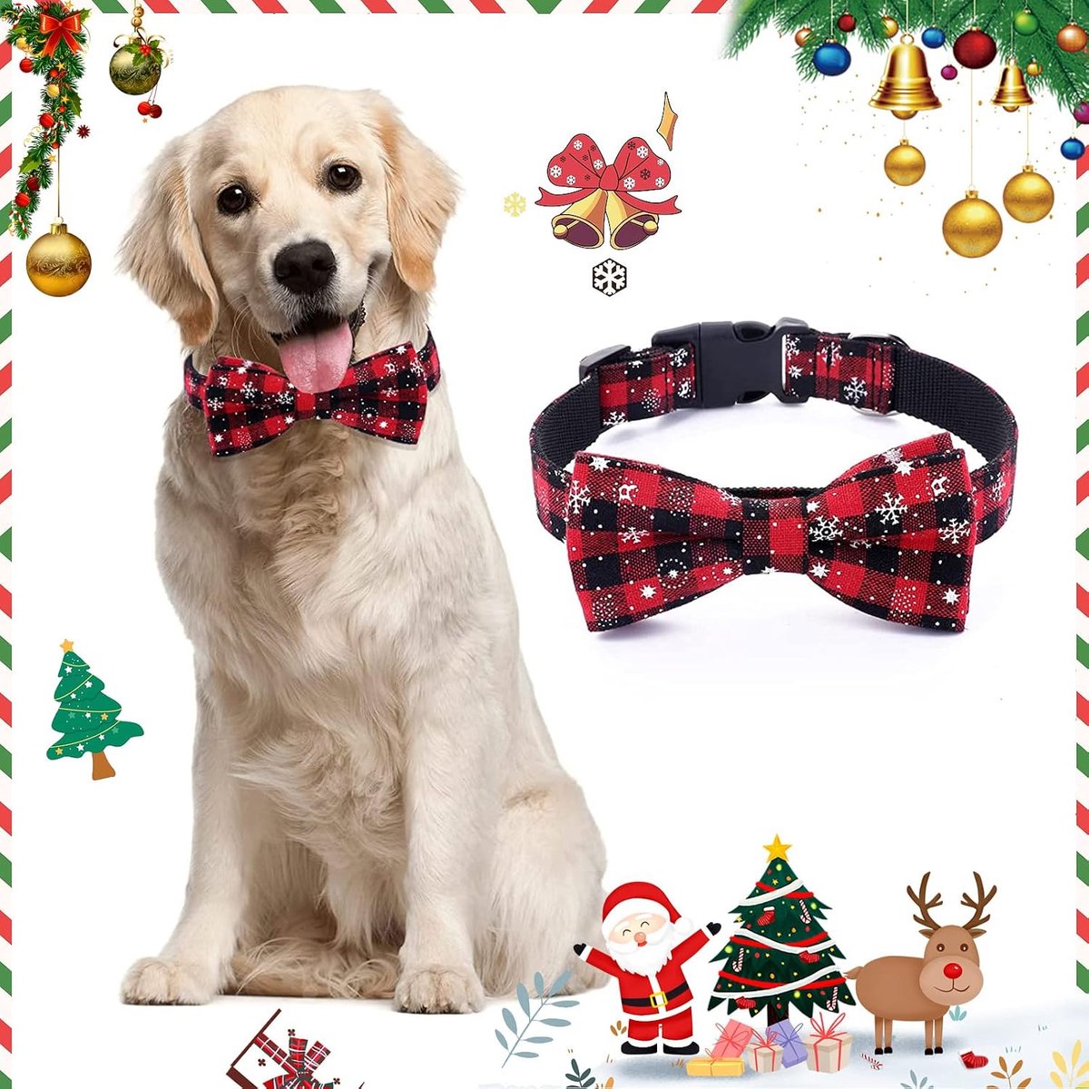 Hondenhalsband met vlinderdas, klassieke hondenhalsband voor Kerstmis, geruit, sneeuwvlok, met verstelbare gesp, voor kleine middelgrote honden, grote katten, huisdieren (rood, S)