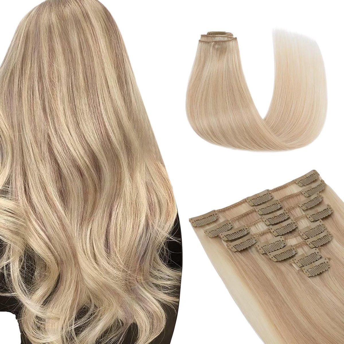 Clip-in extensies, echt haar, 8 stuks, clip-in haarverlenging, natuurlijk echt Remy-haar, 18 clips, 8 tressen, clip-in extensies, menselijk haar, 60 g, 35 cm, lichtblond/goudblond, balayage