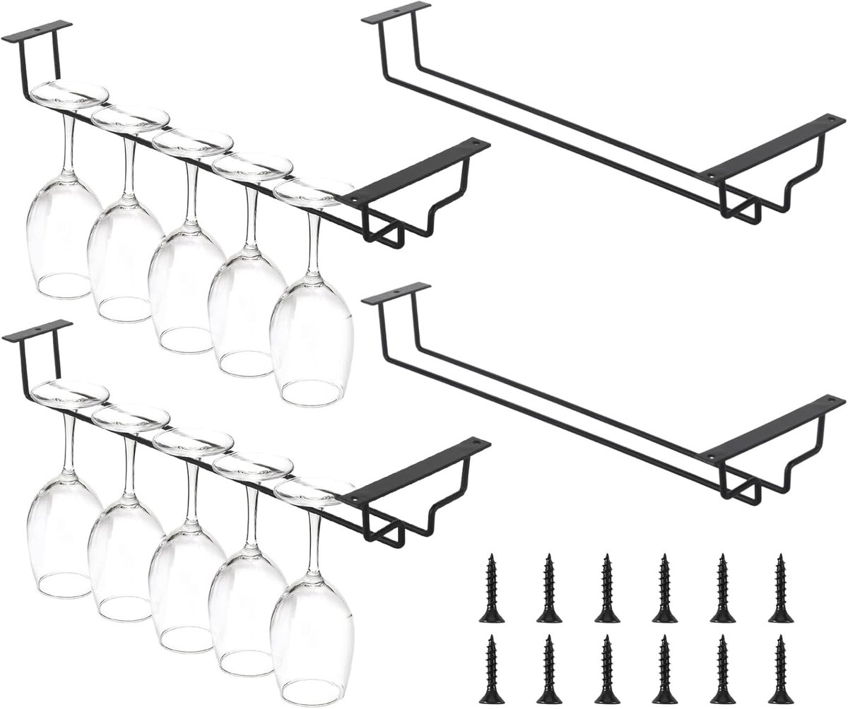 KZQ Metalen wijnglashouder voor wandmontage, 4 stuks, hangend 40 cm, zwart, voor bar, keuken, pub en restaurant