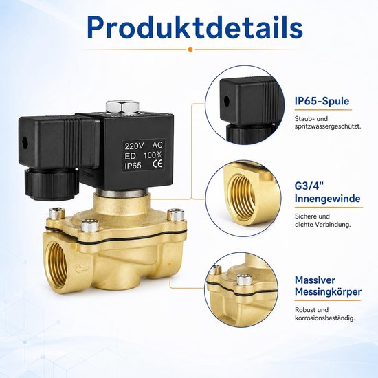 SolidKeus - Elektrische Solenoïde Ventiel G3/4" 220V AC voor Water en Lucht — afbeelding 4