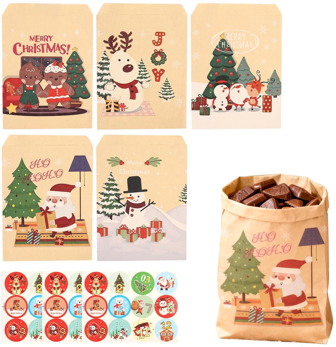 SolidKeus - Set van 50 Kraftpapier Cadeauzakjes met 72 Sneeuwvlokstickers voor Feestelijke Gelegenheden
