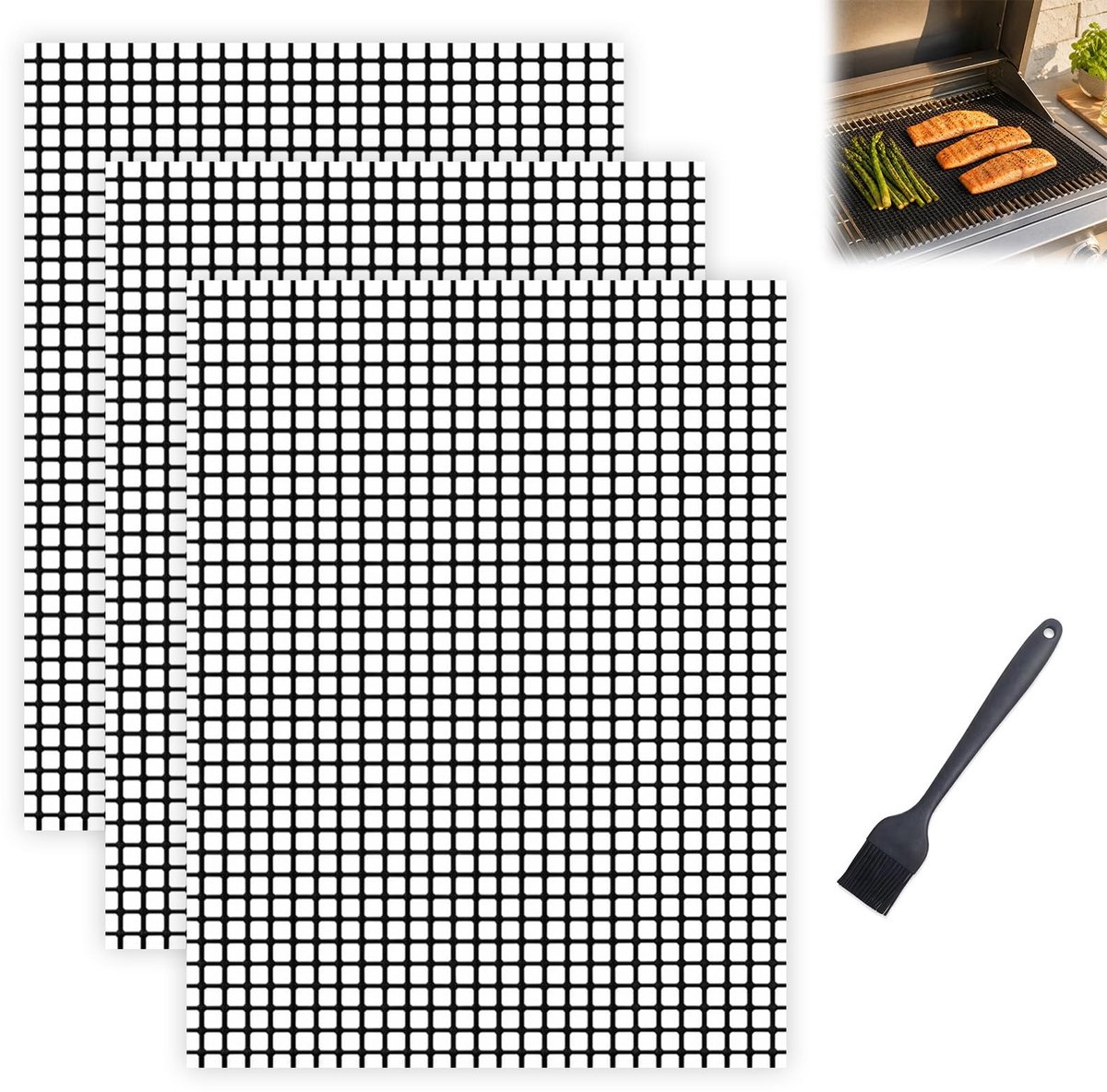 SolidKeus - Set van 3 Herbruikbare Grillmatten met Siliconen Borstel