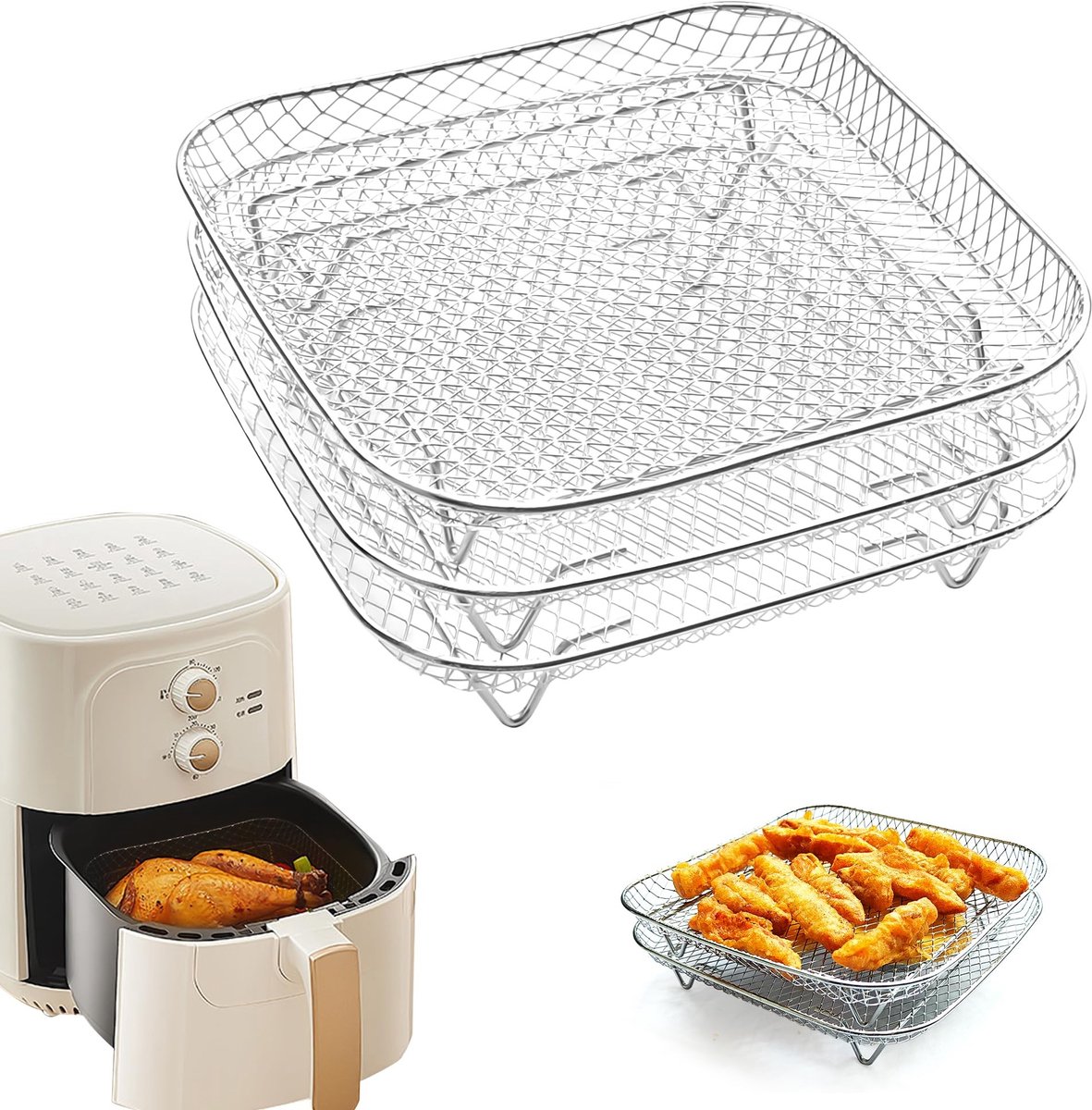 SolidKeus - Stapelbaar Air Fryer Rek van RVS 21 cm met 3 Lagen