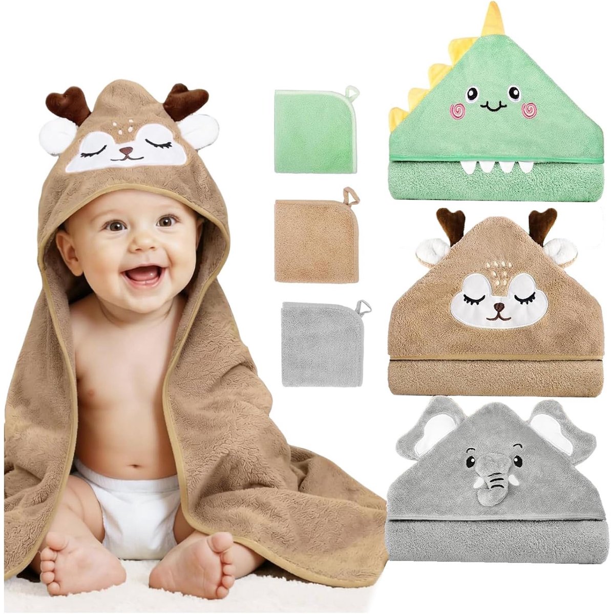 SolidKeus - Kapuzenhanddoek Set voor Baby met Waschlappen, 3 Stuks