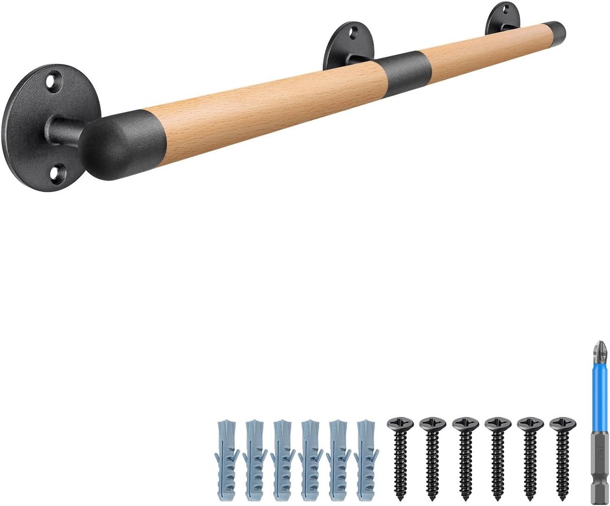 Leuning van hout - binnentrapleuning - 81 cm - leuningen - zwart - houten leuning - rond - trapleuning - barrièrevrije trapleuning voor ouderen - antislip leuningen