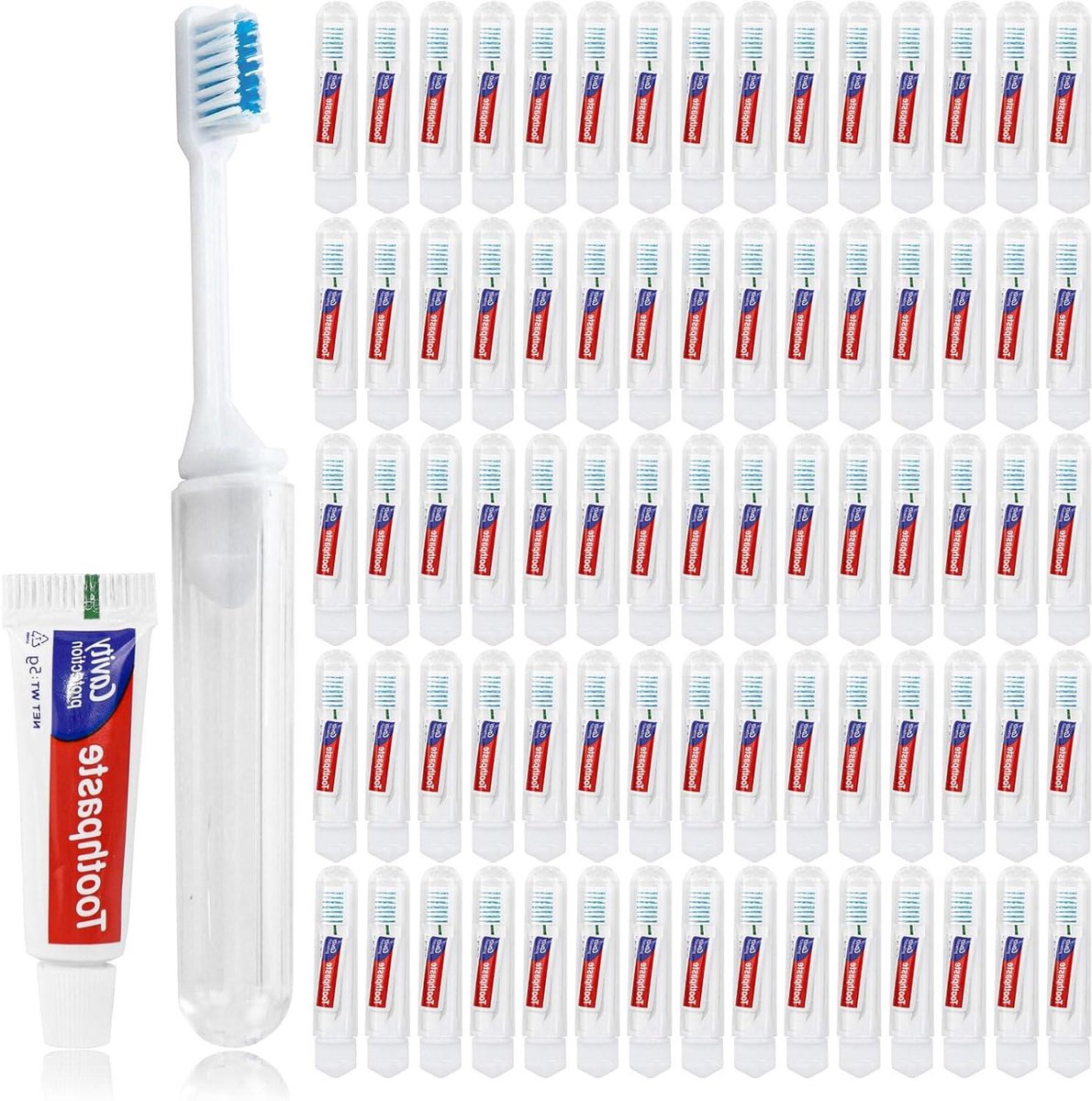 Reistandenborstel met Tandpasta - Opvouwbare Tandenborstel Set - Hygiënisch Reizen - Individueel Verpakt - 100 stuks - Wit