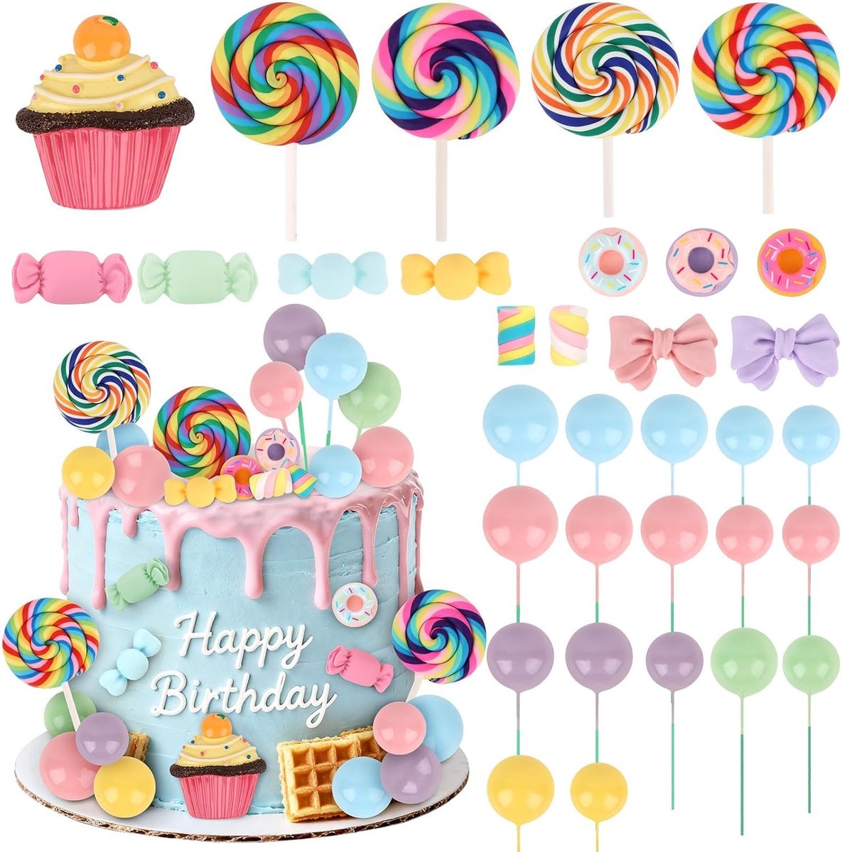 33 stuks taartdecoratie voor verjaardagstaarten, taartdecoratie met mini-ballen, lolly's en donuts, kleurrijke taartdecoratie, cupcake-decoratie, dessertaccessoires, taartdecoratie