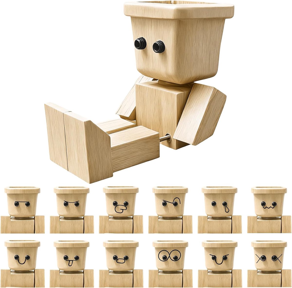 Wiebelende houten man, schudman van hout, grappig wiebelfiguur voor de auto, handgemaakte wiebelende houten man als dashboarddecoratie, bureaufiguur & cadeau-idee, charmant klein houten figuur