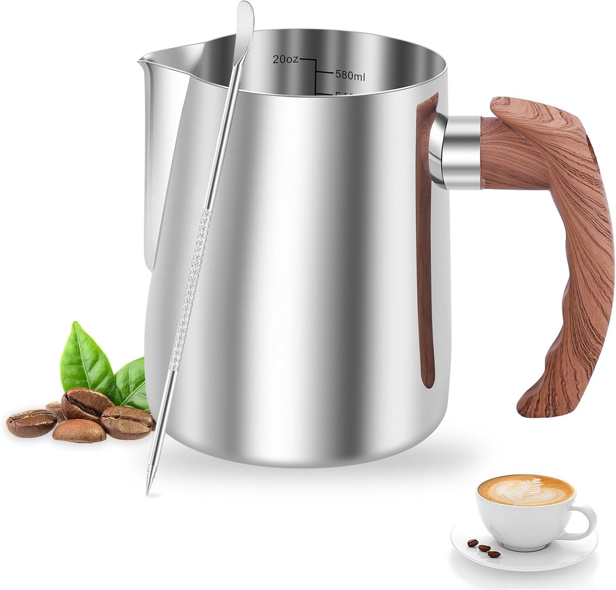 600 ml melkkannetje roestvrij staal met houten handvat in houtlook, melkkan met maatschaal, latte art pen, handheld melkschuimkan, ergonomische handgreep, voor barista cappuccino espresso