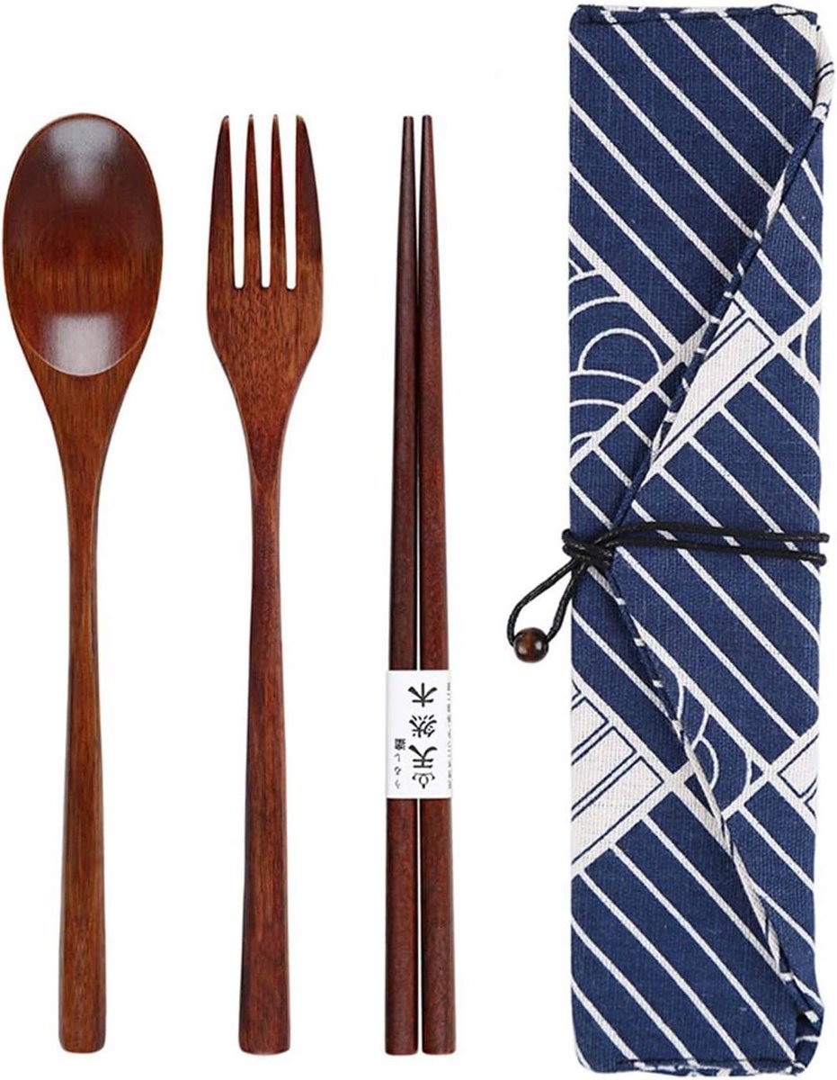4-delige Japanse serviesset in een stoffen tas in Japanse stijl, met 1 vork, 1 lepel en 1 eetstokje, outdoor-reis-servies, serviestas, geschikt voor school, picknicks en kamperen.