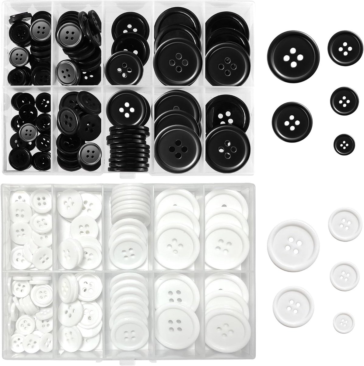 Knopen – 4-gaats knopen in rond design met praktische opbergdoos – ideaal voor naaien, doe-het-zelf handwerk, scrapbooking en decoreren – diverse maten: 10/12/15/20/25 mm