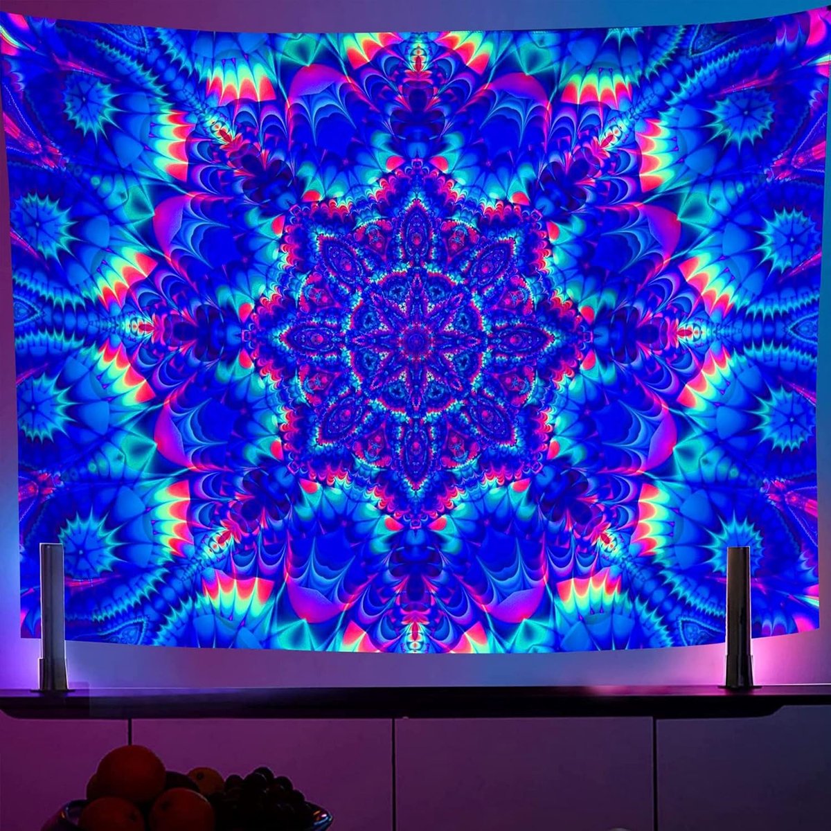 Blacklight Mandala-wandtapijt 150x130 cm, gloeiend in het donker UV-reactief psychedelisch bohemien muurhanger voor slaapkamer, kleurrijke achtergrond Boheemse kamerdecoratie Hippie-wandtapijt