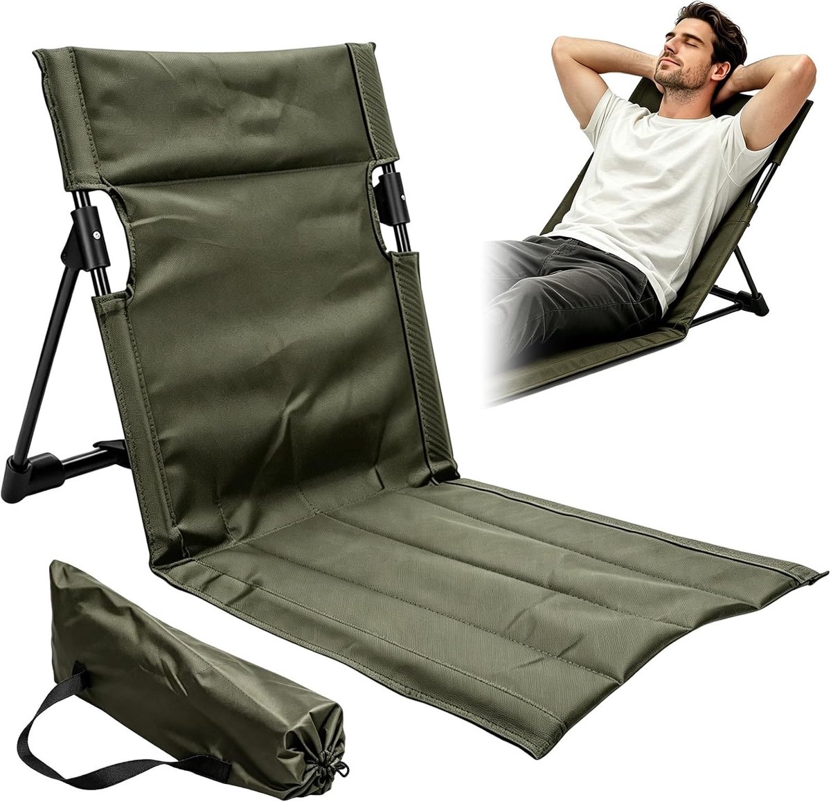 Strandmat met rugleuning, inklapbaar, vloerstoel, outdoor, licht en draagbaar, strandstoel van 600D Oxford, voor strand, camping, picknick, tuin, vissen, wandelen (groen)