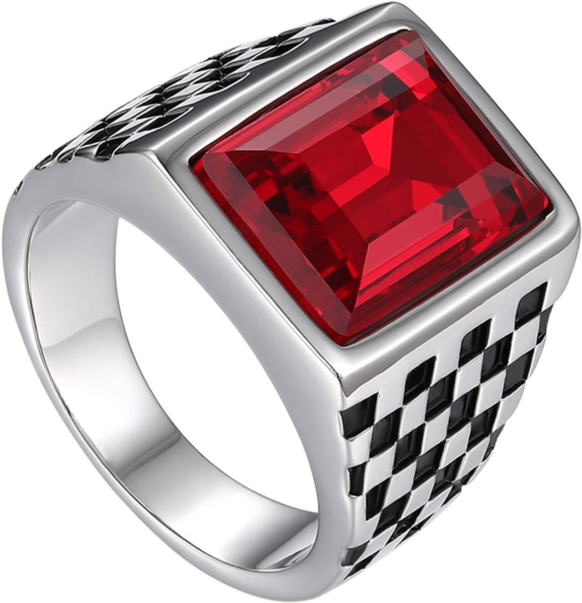 Herenring, herenring, brede roestvrijstalen band, ring, zwart, rood, zegelring, duimring, verlovingsringen, bruiloft met glazen edelstenen, herenaccessoires, Glas