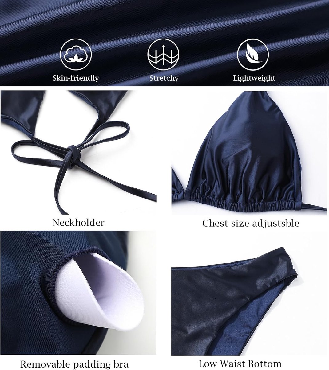 Bikiniset voor dames, driehoekig, haltertop, lage taille, bikini, badmode, fijne, zachte olieglanzende stof met cups, tweedelig badpak
