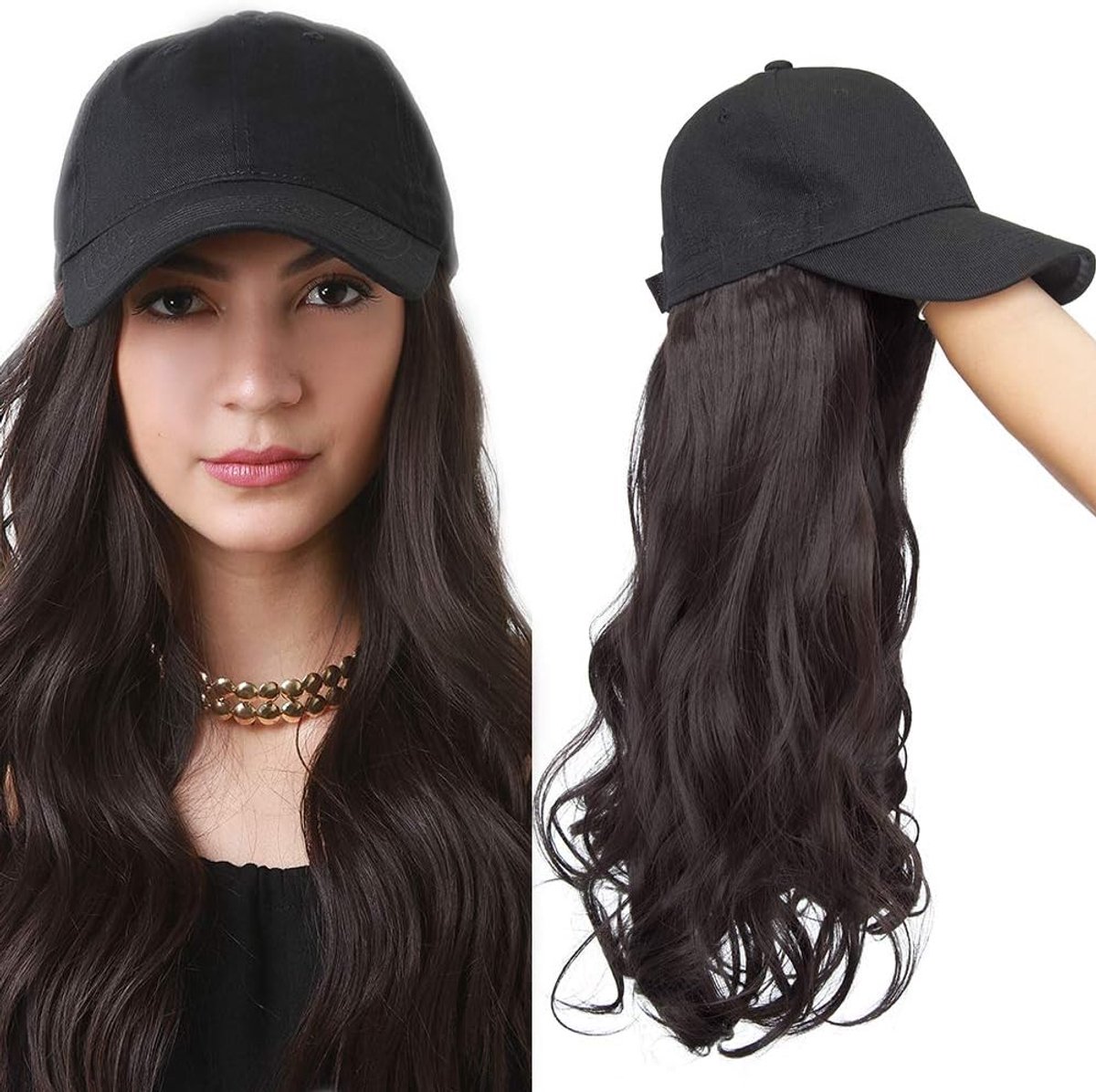 Haarverlenging met baseball cap pruik haarextensies golvend haar deel zoals menselijk haar donkerbruin # 4A