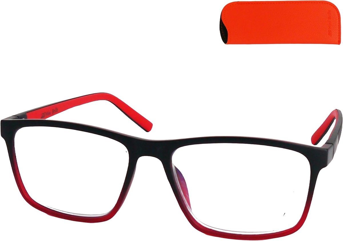 Leesbril met flexibele pootjes – rechthoekig zwart kunststof montuur met rood accent, incl. etui, unisex