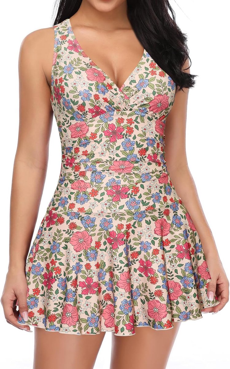 Dames Badpak Jurk V-hals retro Abdominale Controle Klassiek ruched Badmode Mode Eendelige Badjurk | Buikcontrole, brede bandjes, gekruiste rug, vulling, ruches