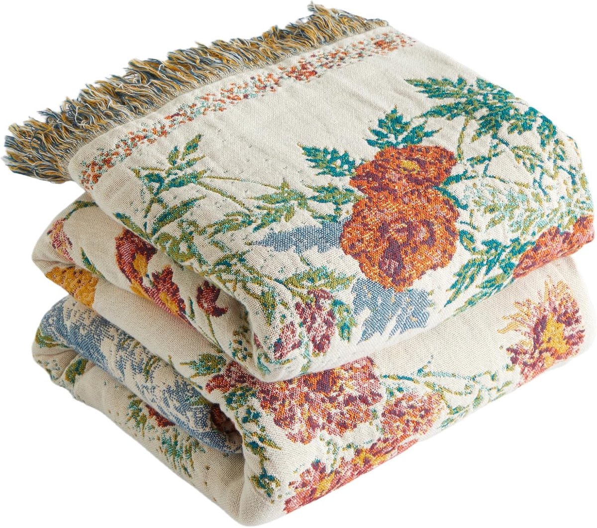 Premium boho-sprei, 100% katoen, knuffeldeken met franjes, dubbelzijdige mousseline, boho-deken, 200 x 230 cm, behaaglijke bankdeken en bedsprei, zomerdeken voor woonkamer, ivoor/groen