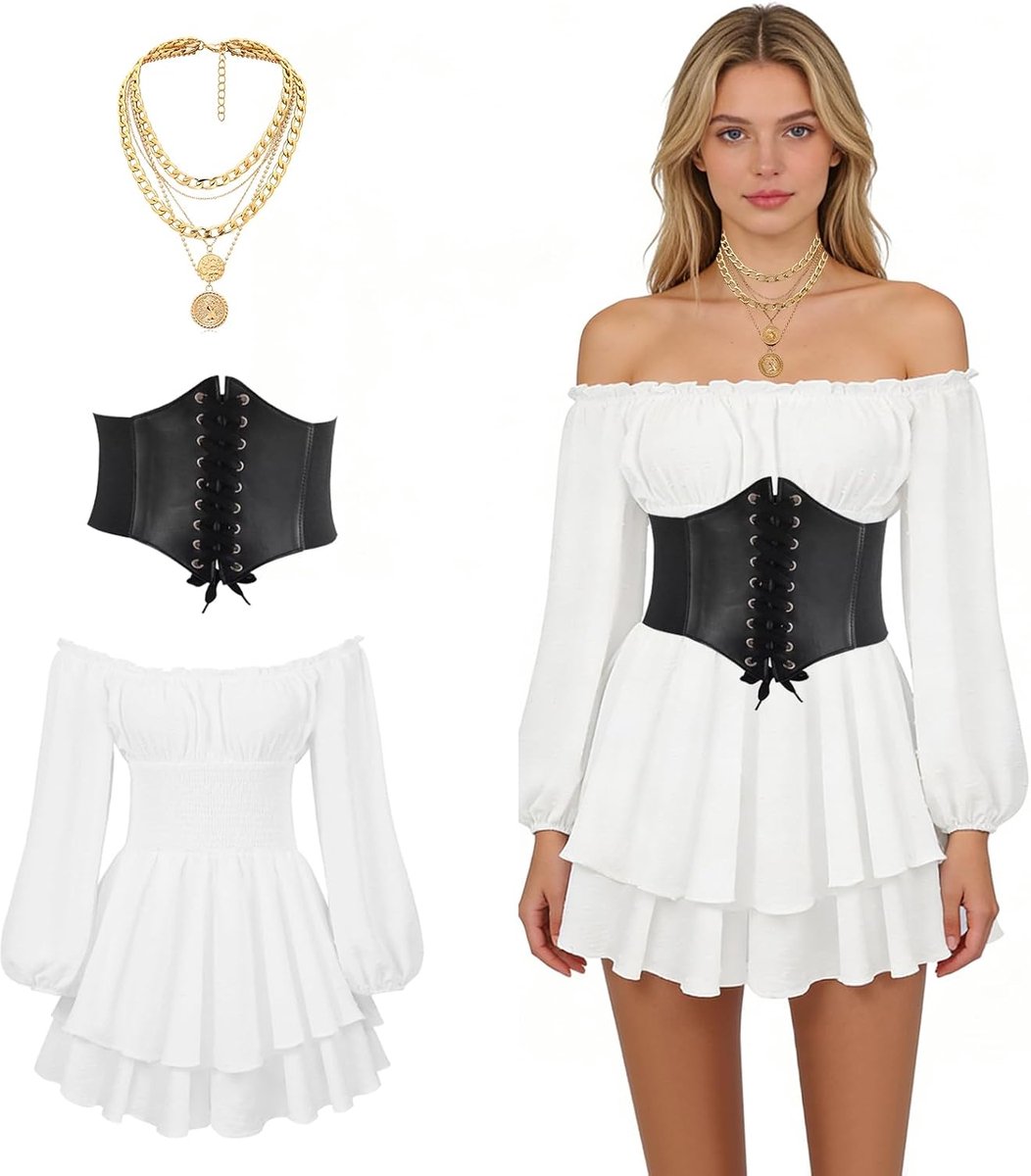 Piratenkostuum voor dames, voor carnaval, renaissance, off-shoulder, korte jurk met taillekorset en meerlaagse halsketting met ronde hanger, Victoriaanse piratenoutfit voor carnaval en feest