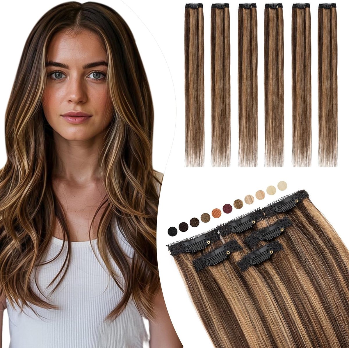 Clip-in extensies van echt haar, zijde-kant in tressen, 6 stuks, haarverlenging, onzichtbare clip, 31 g, 25 cm, voor volume/meches #2P6 donkerbruin/lichtbruin