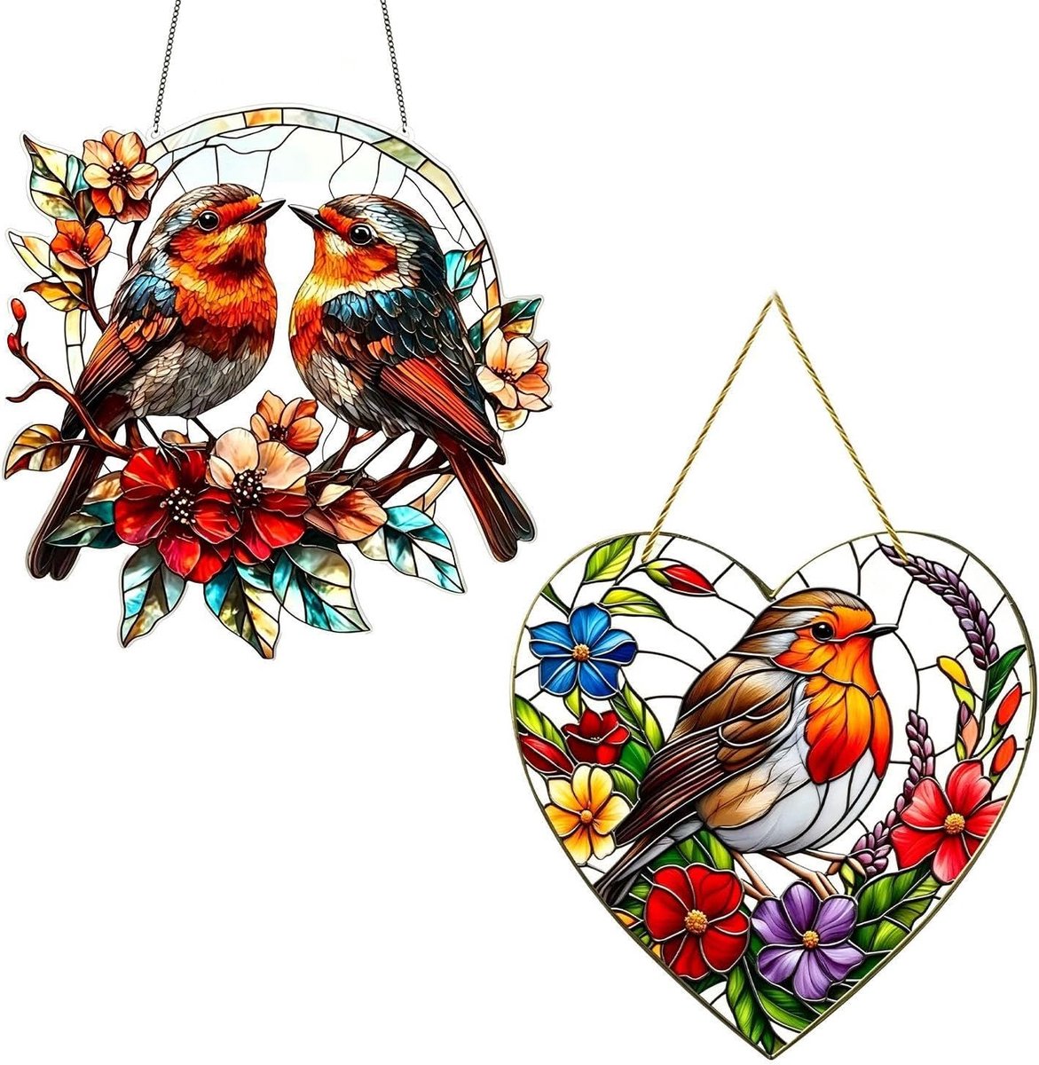 2 Stuks Robin Opknoping Decoratie, Tak Vogel Thema, Heldere Lichtdoorlatendheid En Opvallende Kleuren, Home Gifts, Geschikt Voor Tuin, Balkon En Raam Lay-Out.