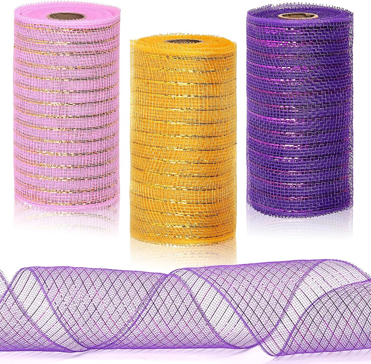 3 rollen Halloween mesh lint deco metallic folie poly mesh lint lichtroze met goud, lichtgoud, donkerpaars voor kransen, slingers, knutselwerk, feest en decoratie benodigdheden