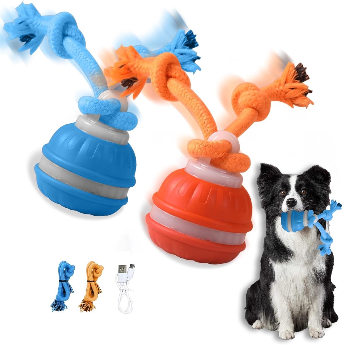 Hondenspeelgoed, bal, elektrische hondenbal met koord, interactieve intelligentie, hondenspeelgoed, automatische bewegende speelbal, hondenspeelgoed voor klein en medium (blauw +