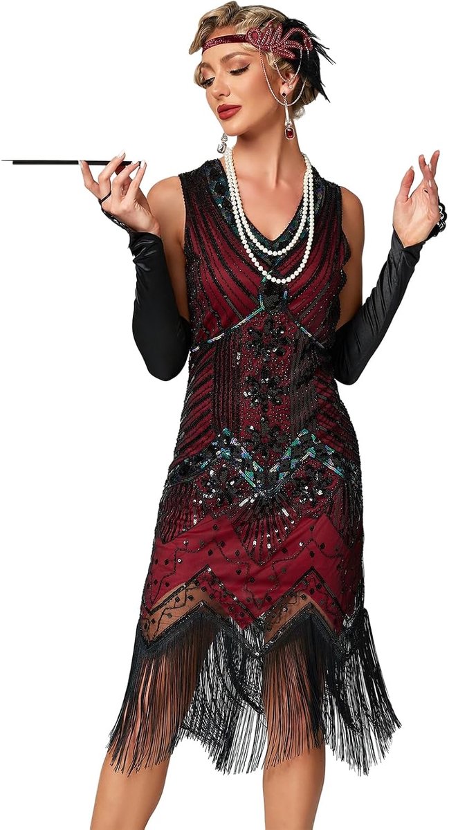 Flapperjurk, jaren 20, roaring twenties, franjes, pailletten, chique jurk, Gatsby, verkleedjurk, V-hals, vintage avondjurk met kralen