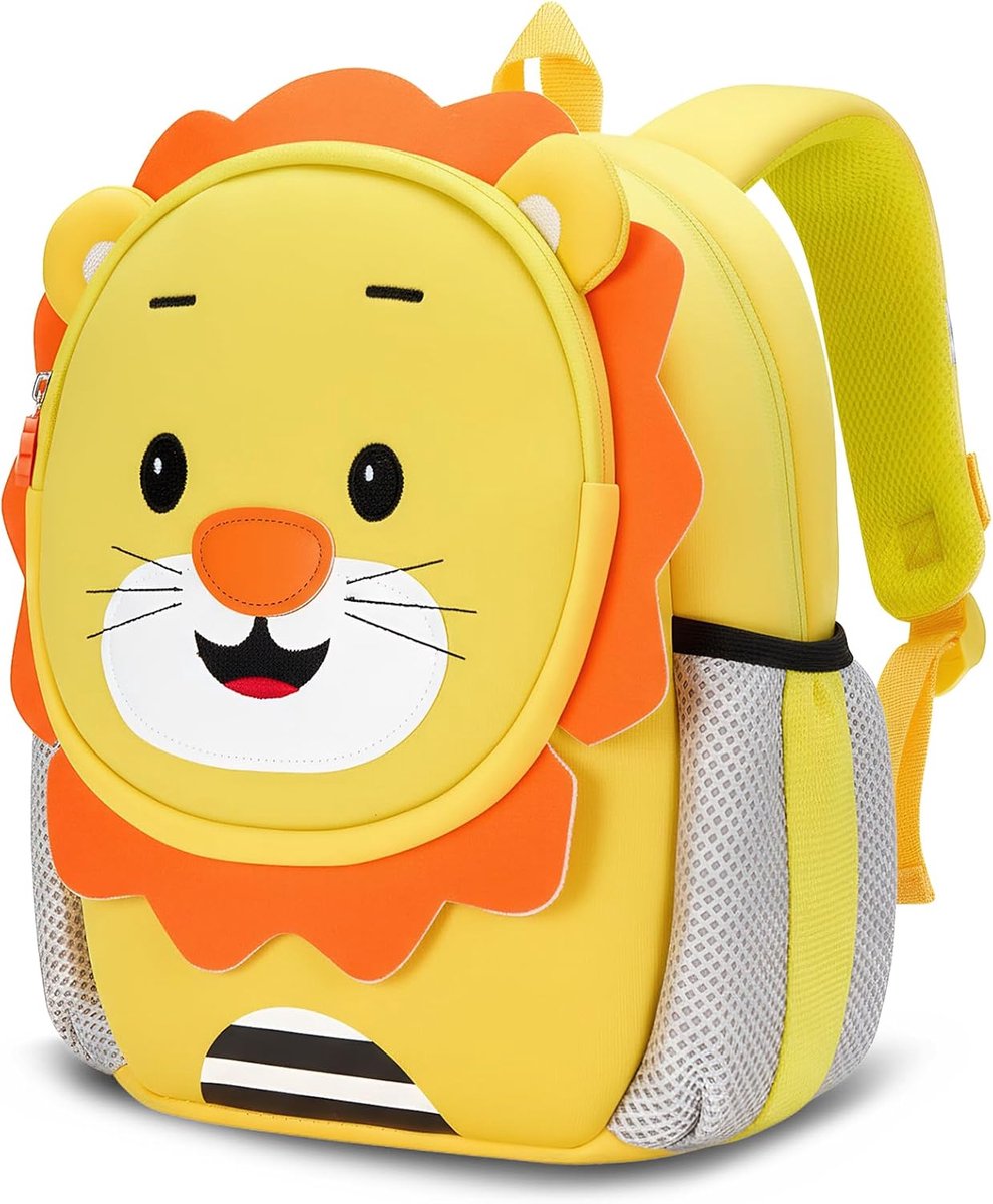 Kinderrugzak meisjes jongens met veiligheidslijn, kleuterschoolrugzak 1-4 jaar neopreen, kleuterschoolrugzak klein en licht met borstband (anti-verlies), Gele leeuw, Rugzak