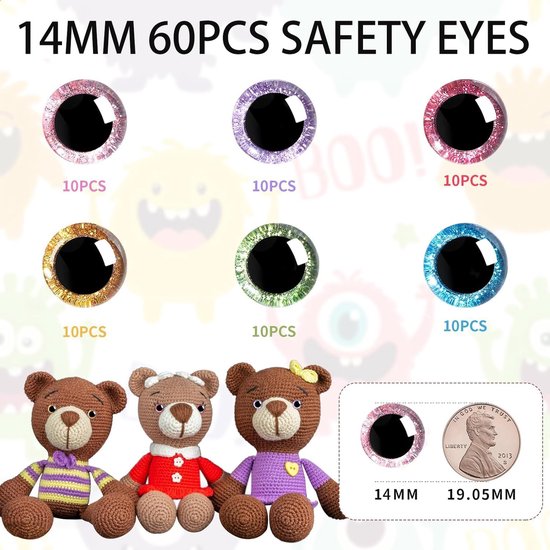 Ogen van kunststof met 3D-glitter, 14 mm, voor Amigurumi-trapezium, haakpoppenogen met sluitringen, ogen 14 mm — afbeelding 5