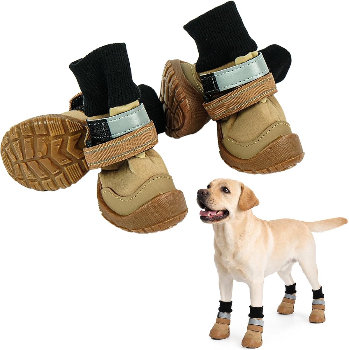 Schoenen voor grote honden, waterdichte pootbescherming, outdoor, hondenlaarzen tegen strooizout, heet asfalt en grindwegen, antislip, met dubbele klittenband, kaki 3#