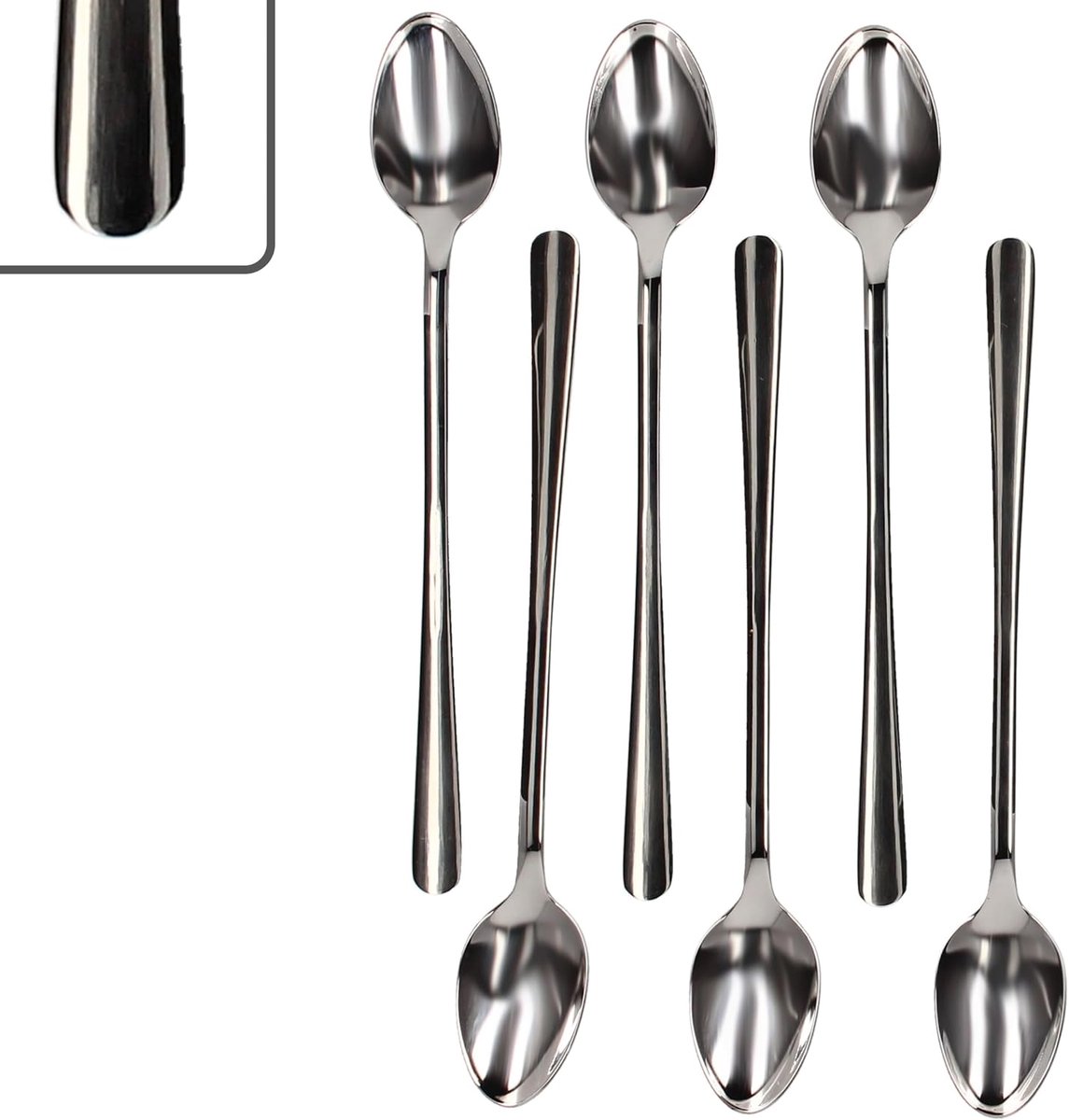 Style Art Set van 6 latte macchiato-lepels, voor 6 personen, cocktaillepel met lange steel, roerlepel voor longdrinks, ijs & Co. I zacht en afgerond design I van 18/10 roestvrij staal