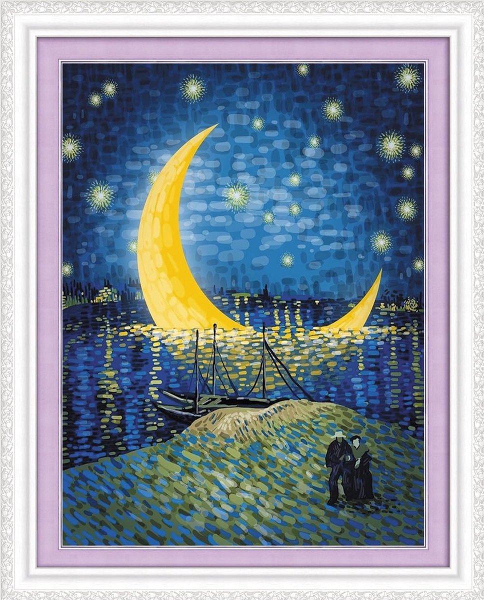 Kruissteek Kits 11 Count Gestempeld, Sterrenhemel Van Gogh Moon Niron Rivier Borduurset met accessoires Voorbedrukt (30 cm x 40 cm) (Sterrenhemel)