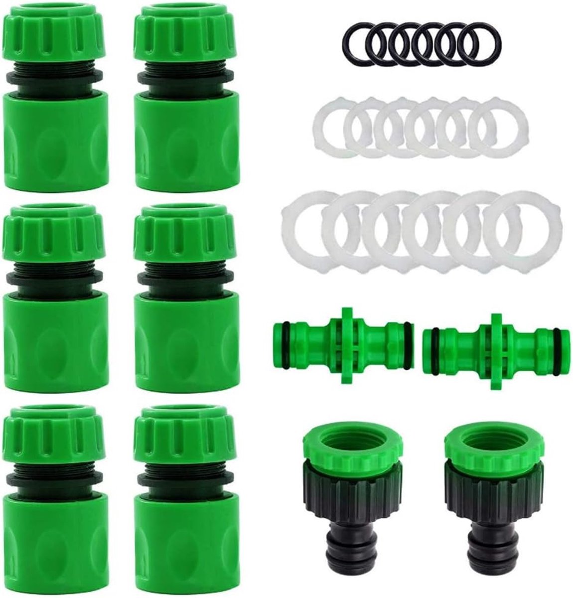 Slangkraanadapterset (2 dubbele mannelijke connectoren, 2 kraanconnectoren, 6 snelaansluitingen), 1/2 en 3/4 inch waterslangconnectoren voor buiten en binnen, keukenkranen, tuinslang