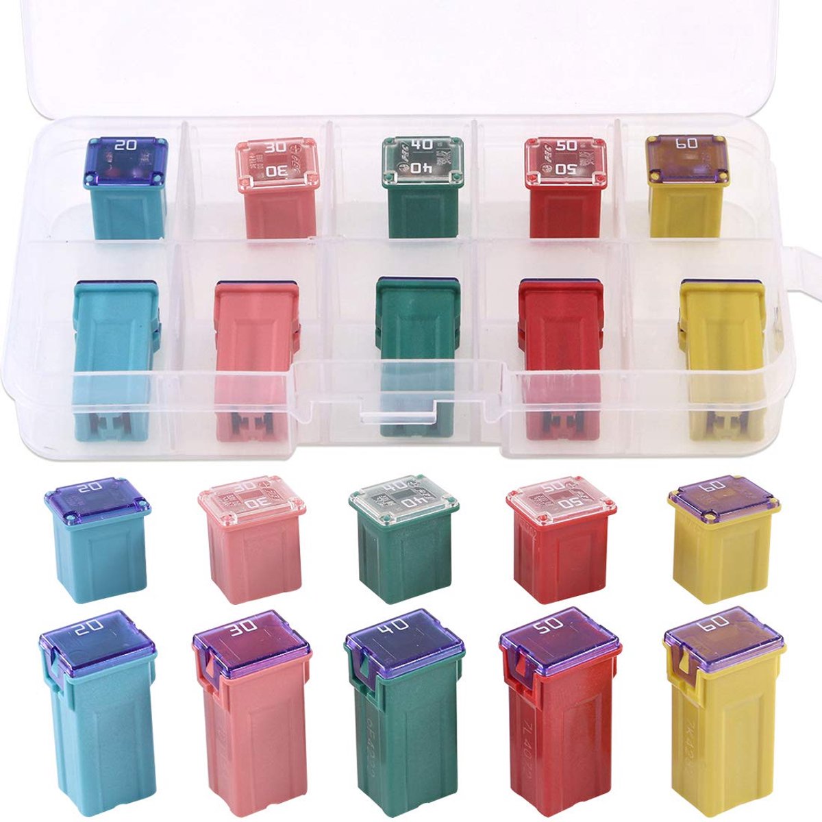 10 Stks Automotive Lage en Hoge Profiel Box Vormige Jcase Zekering 20A 30A 40A 50A 60A Zekering Assortiment Kit