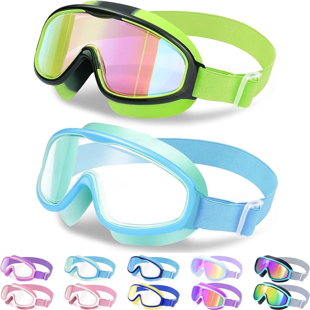 Kinderzwembril met comfortabele stoffen band, groothoek, anti-condens/uv-bescherming, waterdichte zwembril voor 3-14 jaar