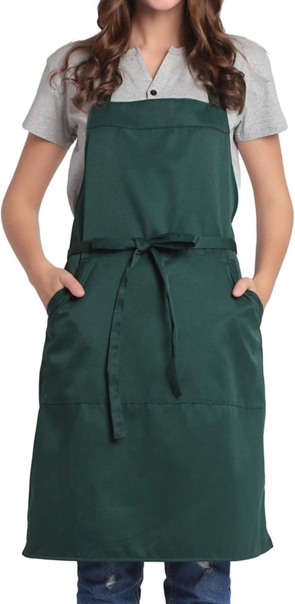 Verstelbare schort met zak, extra lange banden voor dames en heren, 18 kleuren, voor koken, keuken, thuis, restaurant, café, koken, bakken, tuinieren (groen)