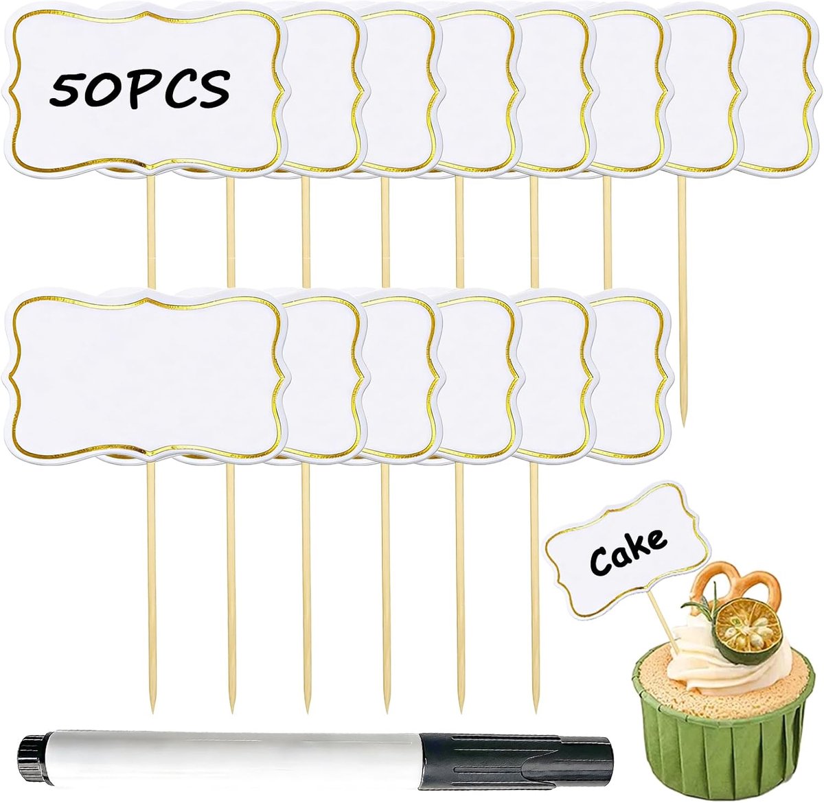50 Stuks Buffetlabels om te Beschrijven – Mini Krijtbordjes met Prikker – Etiketten voor Kaas, Taart, Cupcakes en Feestdecoratie (Wit)