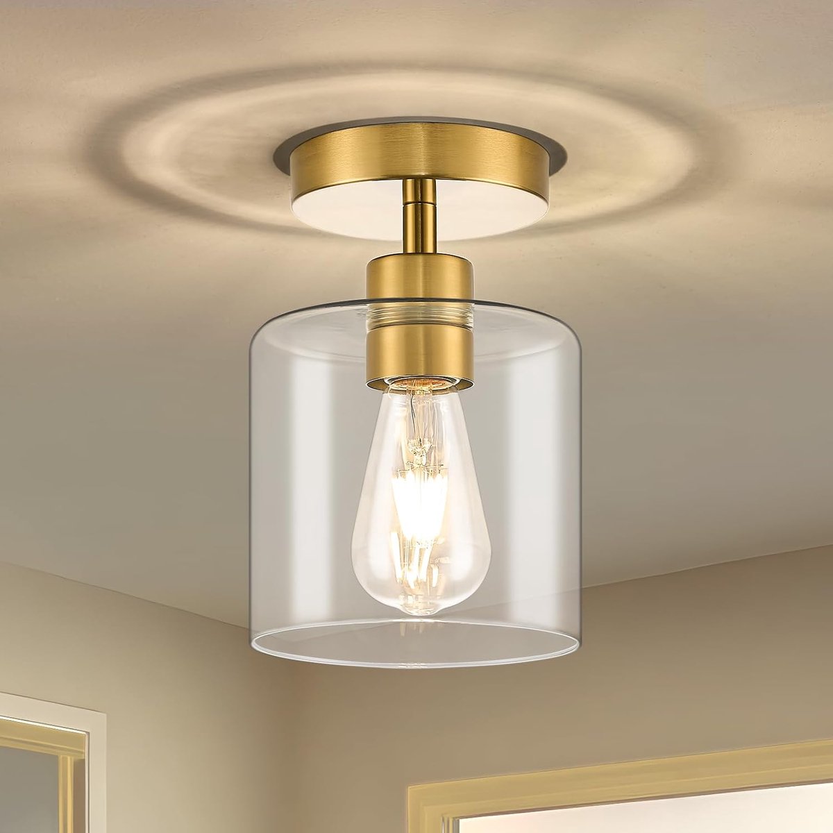 15cm Plafondlamp van Helder Glas met Metalen Voet in Goud | E27 Lamp Geschikt Voor Keuken,Gang,Eetkamer,Entree en Hoek