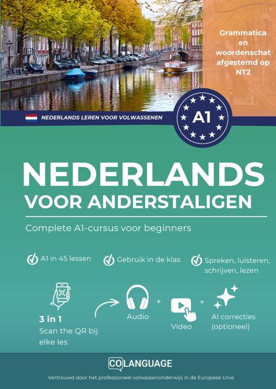 Boek "Nederlands voor anderstaligen" met "Complete A1-cursus voor beginners". Afbeelding van een kanaal in Amsterdam.