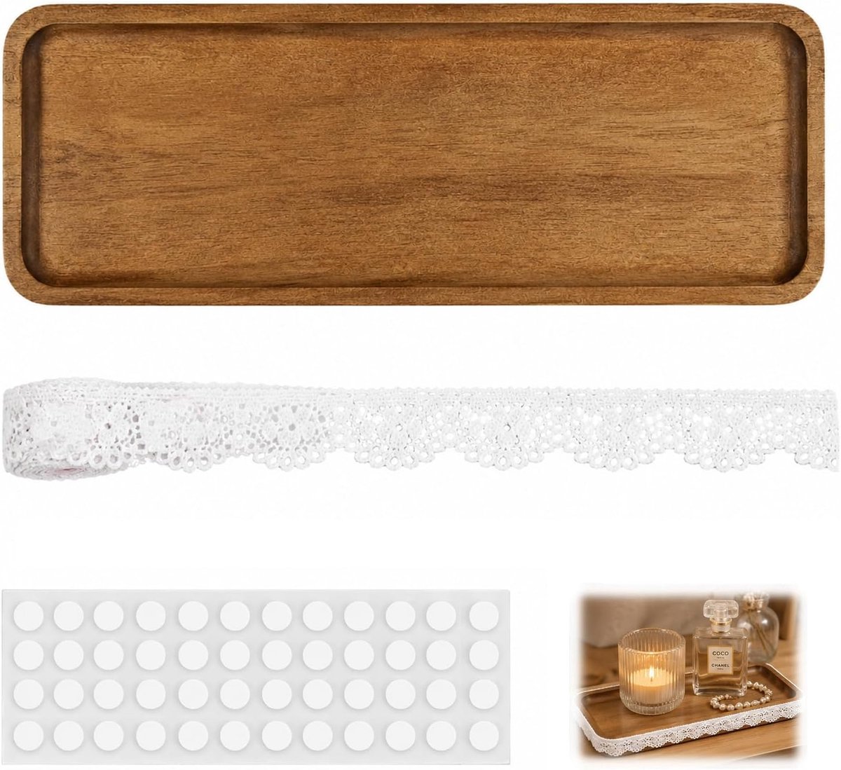 1 x decoratief dienblad van acaciahout + 1 x kanten lint - tafeldecoratie boho voor het neerzetten van kaarsen, sieradenopslag, decoratie voor woonkamer, bruiloft, advent