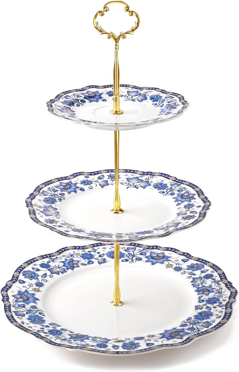 Fanquare Taartstandaard met bloemen van porselein met 3 etages voor taarten en fruit met metalen stangen voor cupcakes, vintage, blauw, voor verjaardagen, bruiloften, theefeestjes