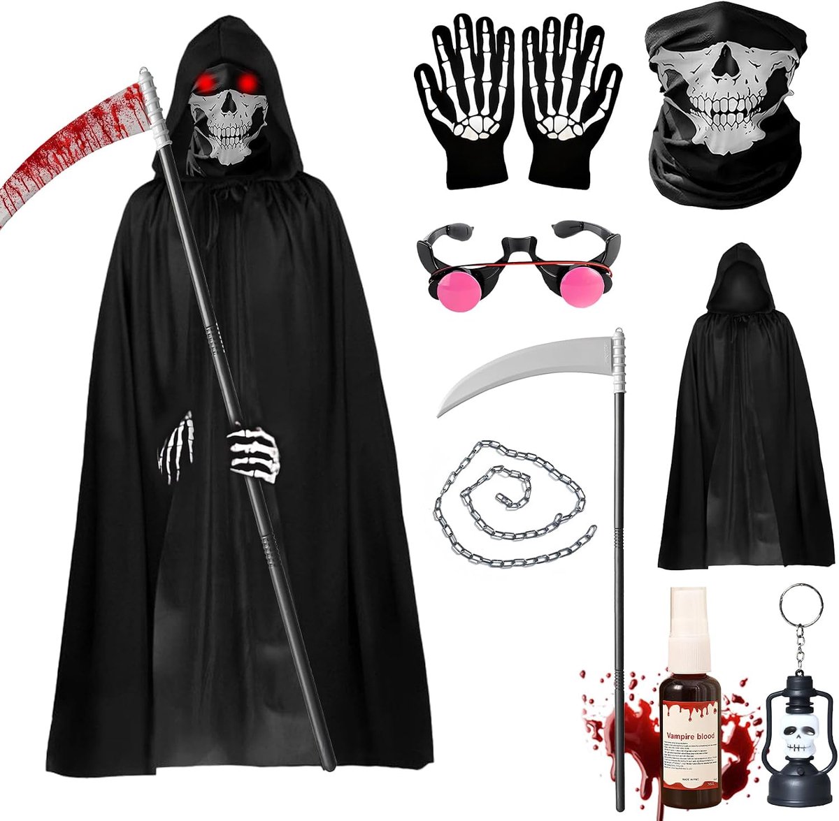 Sensenman-kostuum voor kinderen en volwassenen, halloweenkostuum met zeis, lichtgevende bril, handschoenen, nepbloed, capuchon, reaper-kostuum voor cosplay, Halloween, carnaval, themafeest